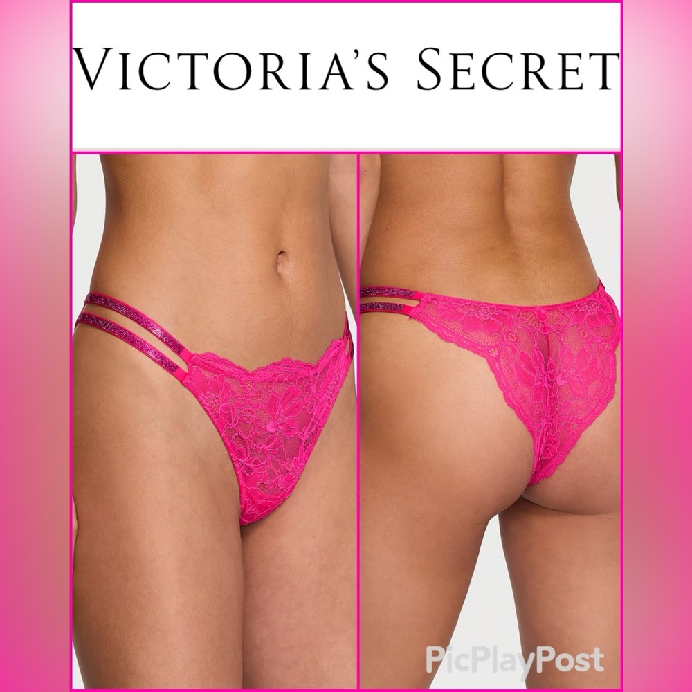 Victoria's Secret VERY SEXY Double Shine Strap Lace Brazilian Panty NWT PINK S